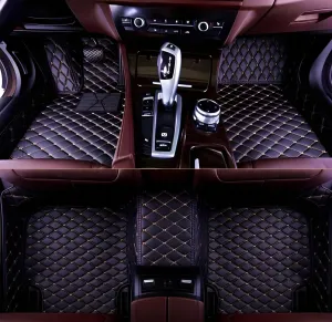 Luxury Leather Car Floor Mats for 2008-2014 Hyundai Genesis- All-Weather, Easy to Clean, Premium Interior Protection (Black Gold)