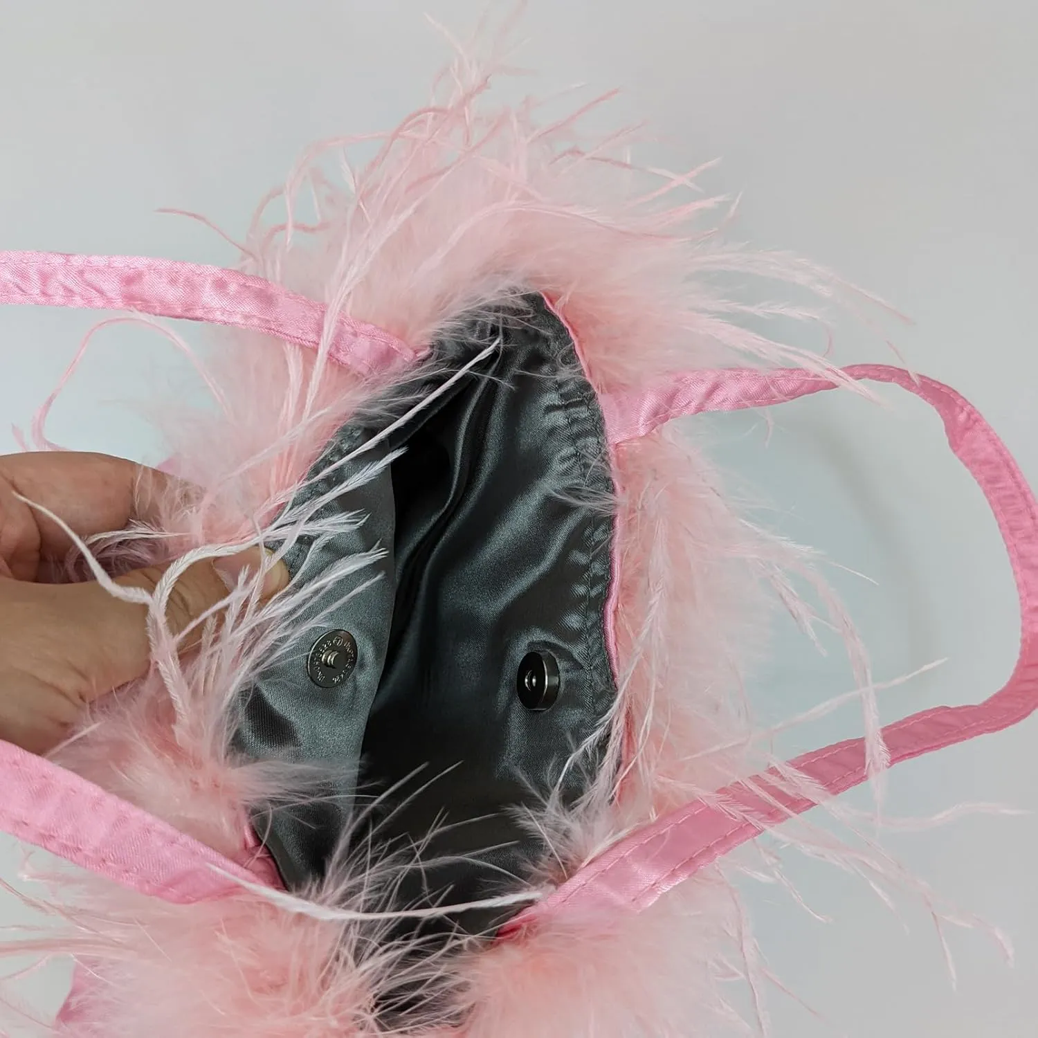 LVCOMEFF Women Ostrich Feather-trim Satin Evening Purse Silky Mini Handbag Cute for Party Peach Fuzz Elegant