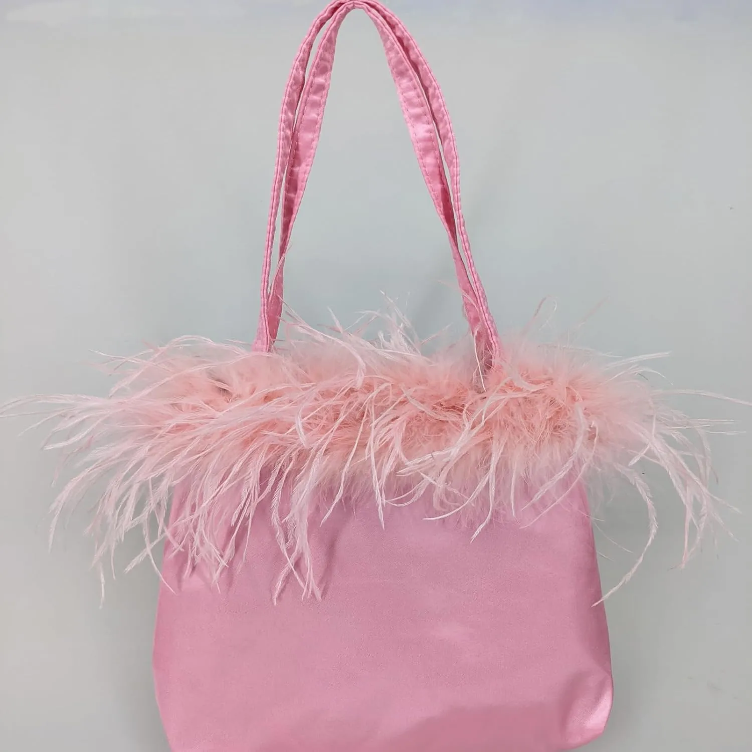 LVCOMEFF Women Ostrich Feather-trim Satin Evening Purse Silky Mini Handbag Cute for Party Peach Fuzz Elegant