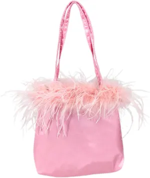 LVCOMEFF Women Ostrich Feather-trim Satin Evening Purse Silky Mini Handbag Cute for Party Peach Fuzz Elegant