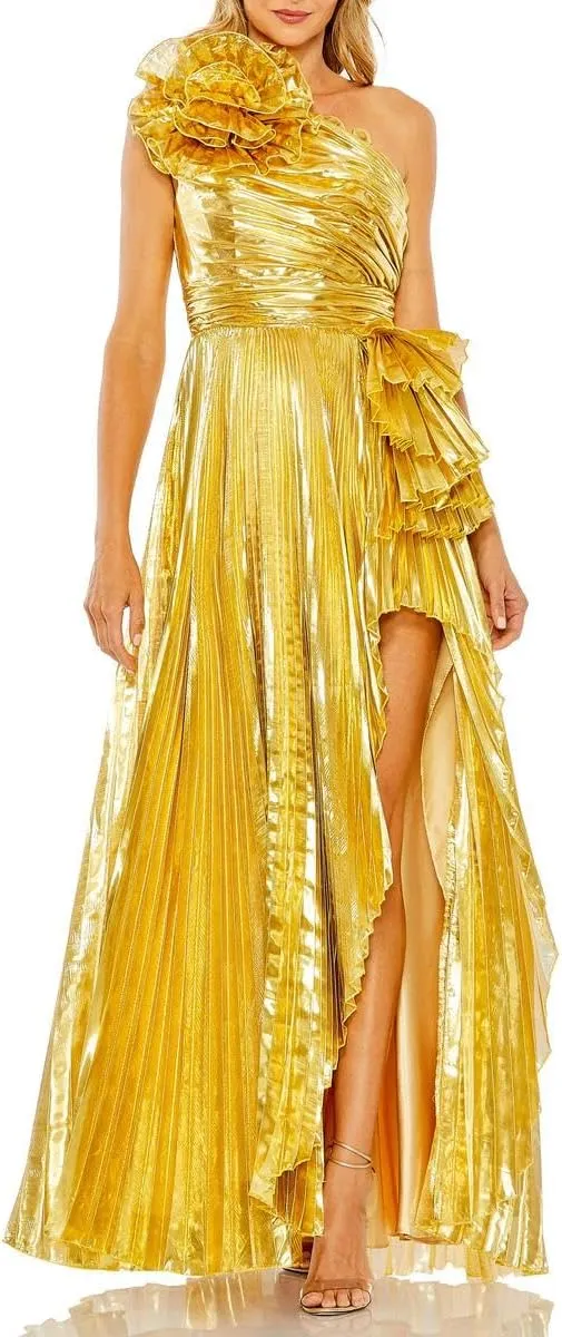 Mac Duggal Womens Metallic One Shoulder Evening Dress