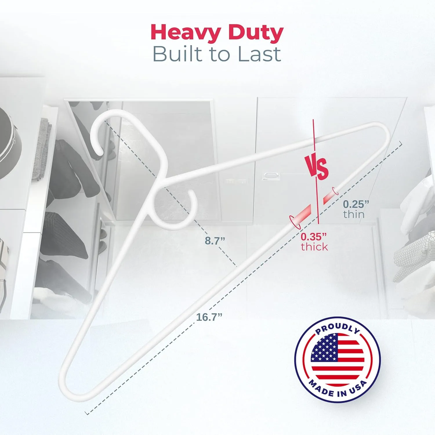 Made in USA Heavy Duty Clothes Hangers Bulk - 20, 30, 50, 100 Pack Available - Strong Plastic Hangers for Jackets, Coats, Closet and Clothing (18pk White)
