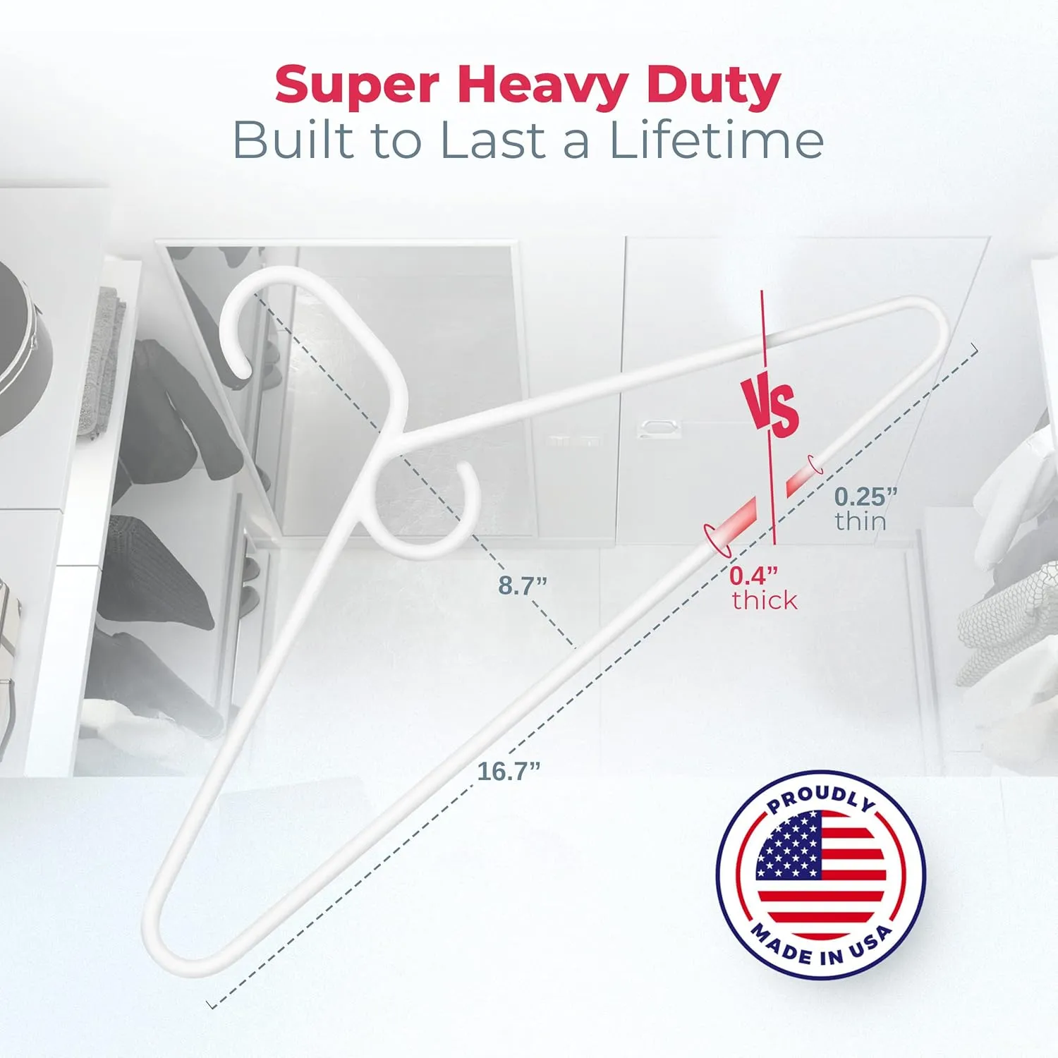 Made in USA Super Heavy Duty Plastic Clothes Hangers - Bulk Packs Available, Strong Hangers for Closet and Clothing (24pk White)