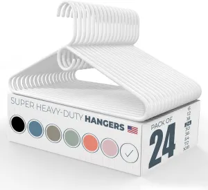 Made in USA Super Heavy Duty Plastic Clothes Hangers - Bulk Packs Available, Strong Hangers for Closet and Clothing (24pk White)