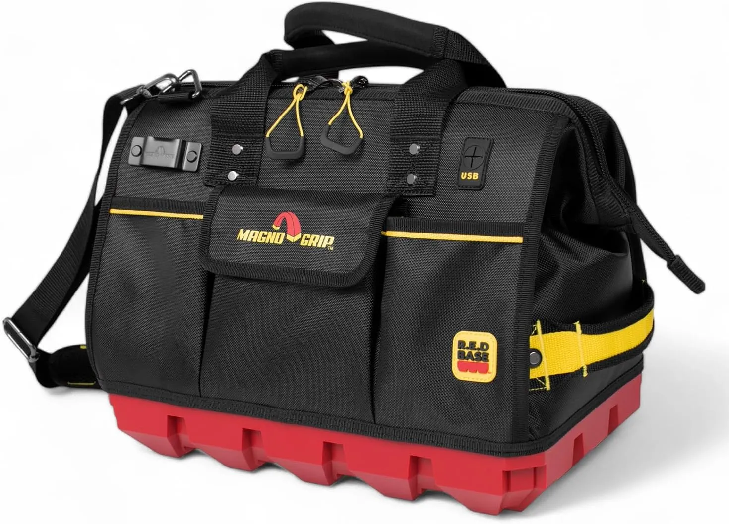 MagnoGrip RED Base 16" Heavy-Duty Tool Bag – 22 Pockets, 8 Loops, 1680D Ballistic Polyester, Waterproof Bottom, USB Port, Padded Strap. Tool storage for Electricians, Plumbers, Contractors & DIYers.