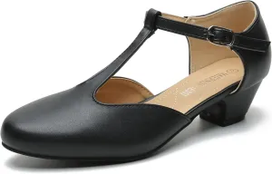 MAIERNISI JESSI Women's T-Strap Low Chunky Heel Mary Jane Pumps Cut Out Wedding Dress Shoes