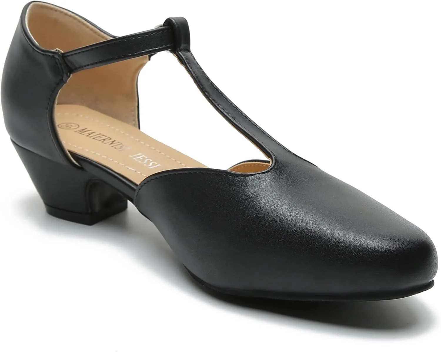 MAIERNISI JESSI Women's T-Strap Low Chunky Heel Mary Jane Pumps Cut Out Wedding Dress Shoes