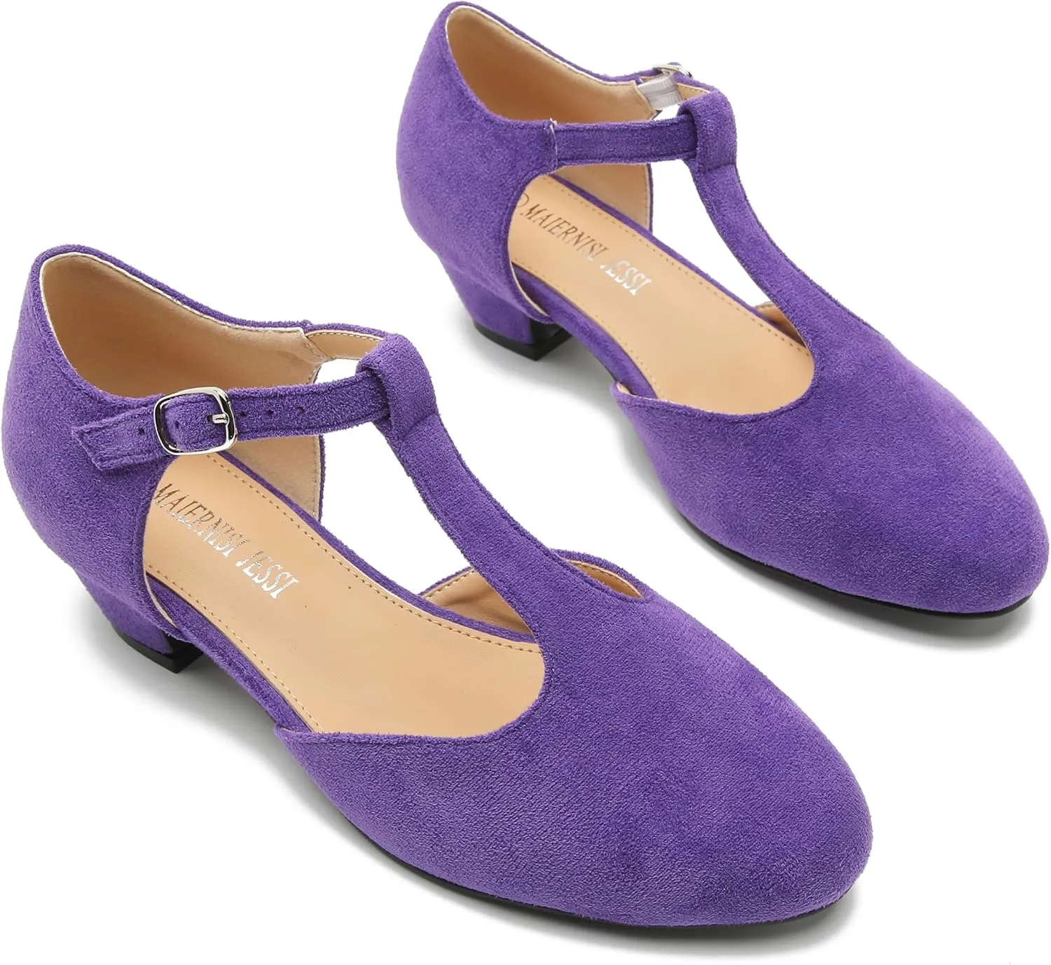 MAIERNISI JESSI Women's T-Strap Low Chunky Heel Mary Jane Pumps Cut Out Wedding Dress Shoes