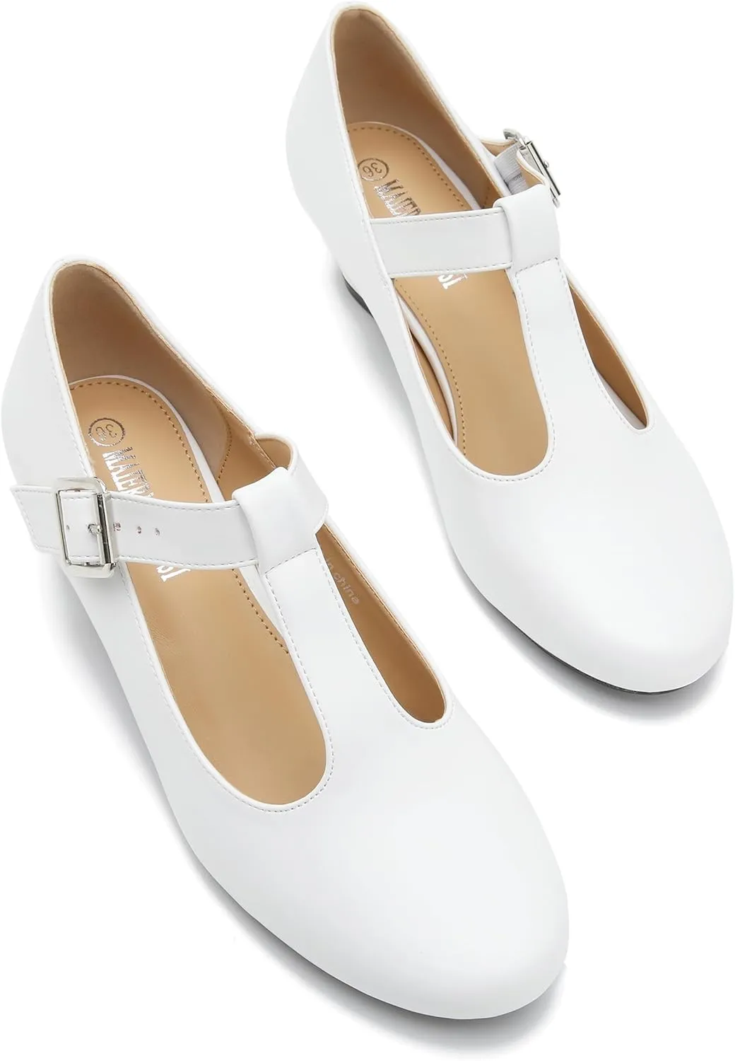 MAIERNISI JESSI Women's T-Strap Mary Jane Pumps Low Chunky Heel Wedding Dress Shoes