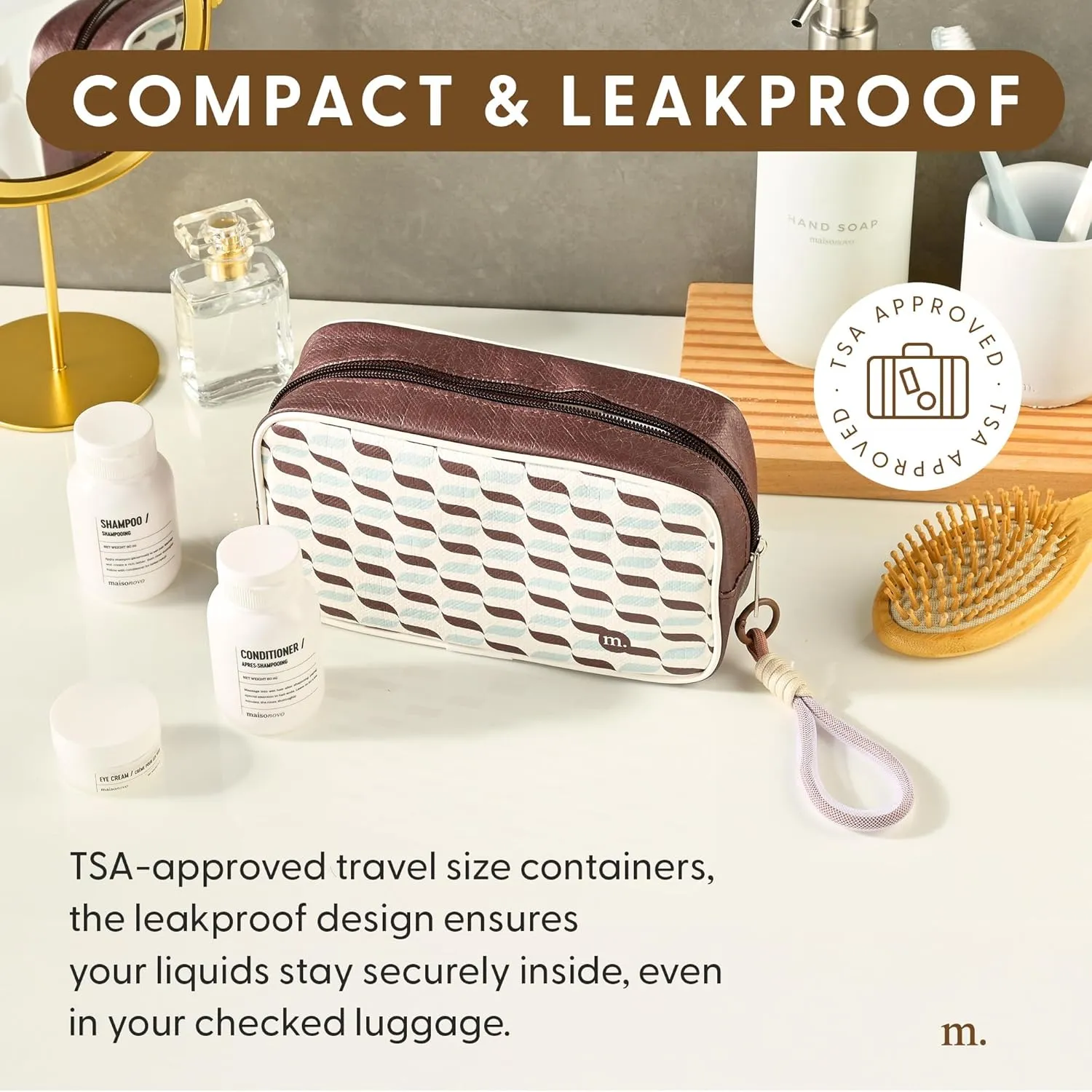 MAISONOVO Travel Bottles for Toiletries, TSA Approved, Leak Proof Refillable, Travel Size Containers and Bottles with Water Proof Toiletry Bag - Brown Pouch