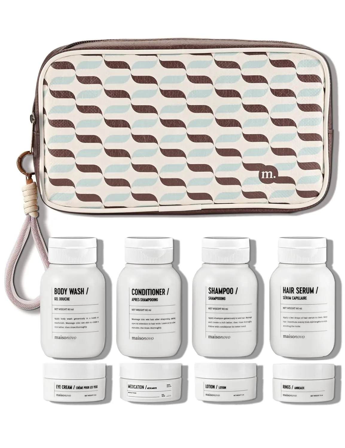 MAISONOVO Travel Bottles for Toiletries, TSA Approved, Leak Proof Refillable, Travel Size Containers and Bottles with Water Proof Toiletry Bag - Brown Pouch