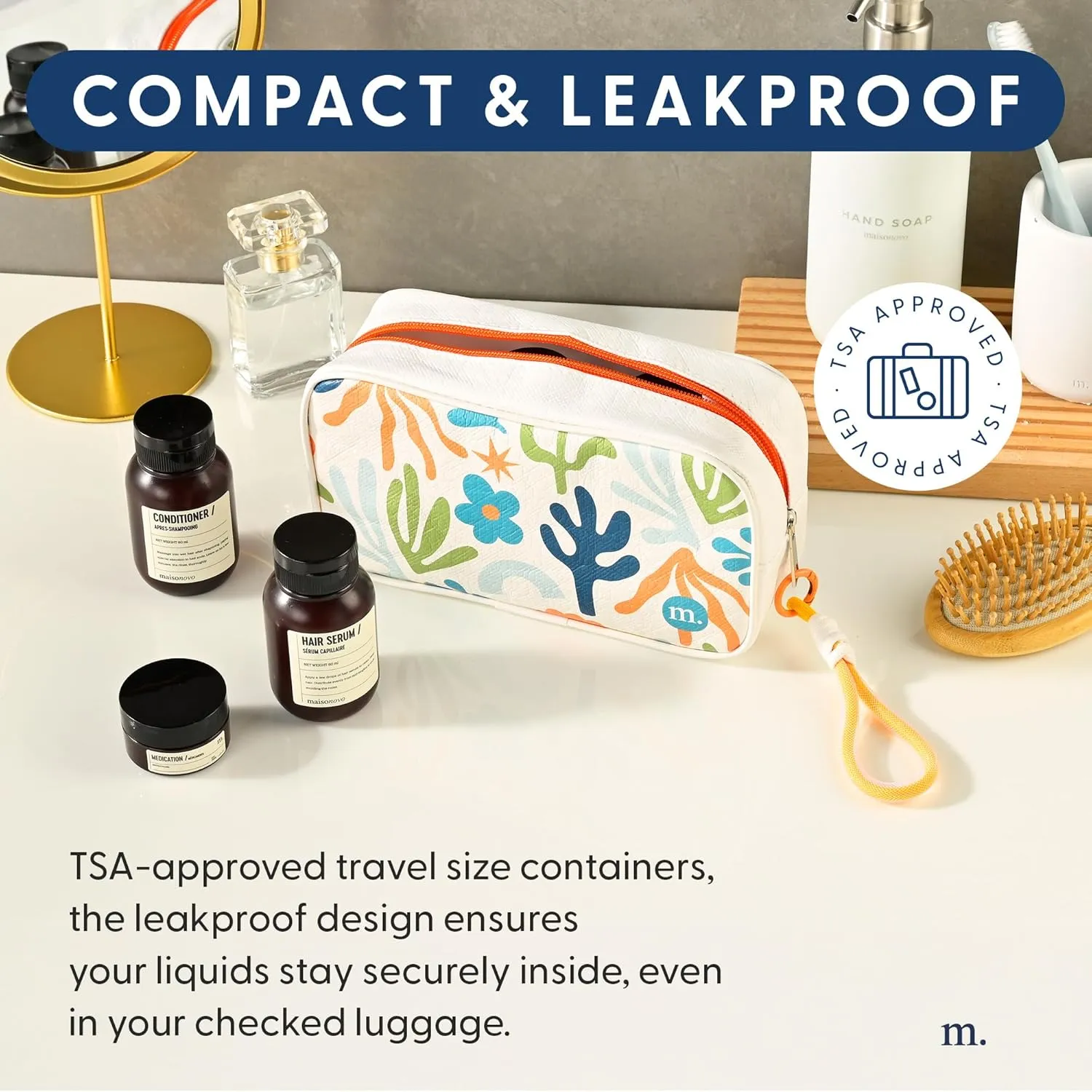 MAISONOVO Travel Bottles for Toiletries, TSA Approved, Leak Proof Refillable, Travel Size Containers and Bottles with Water Proof Toiletry Bag - Orange Pouch