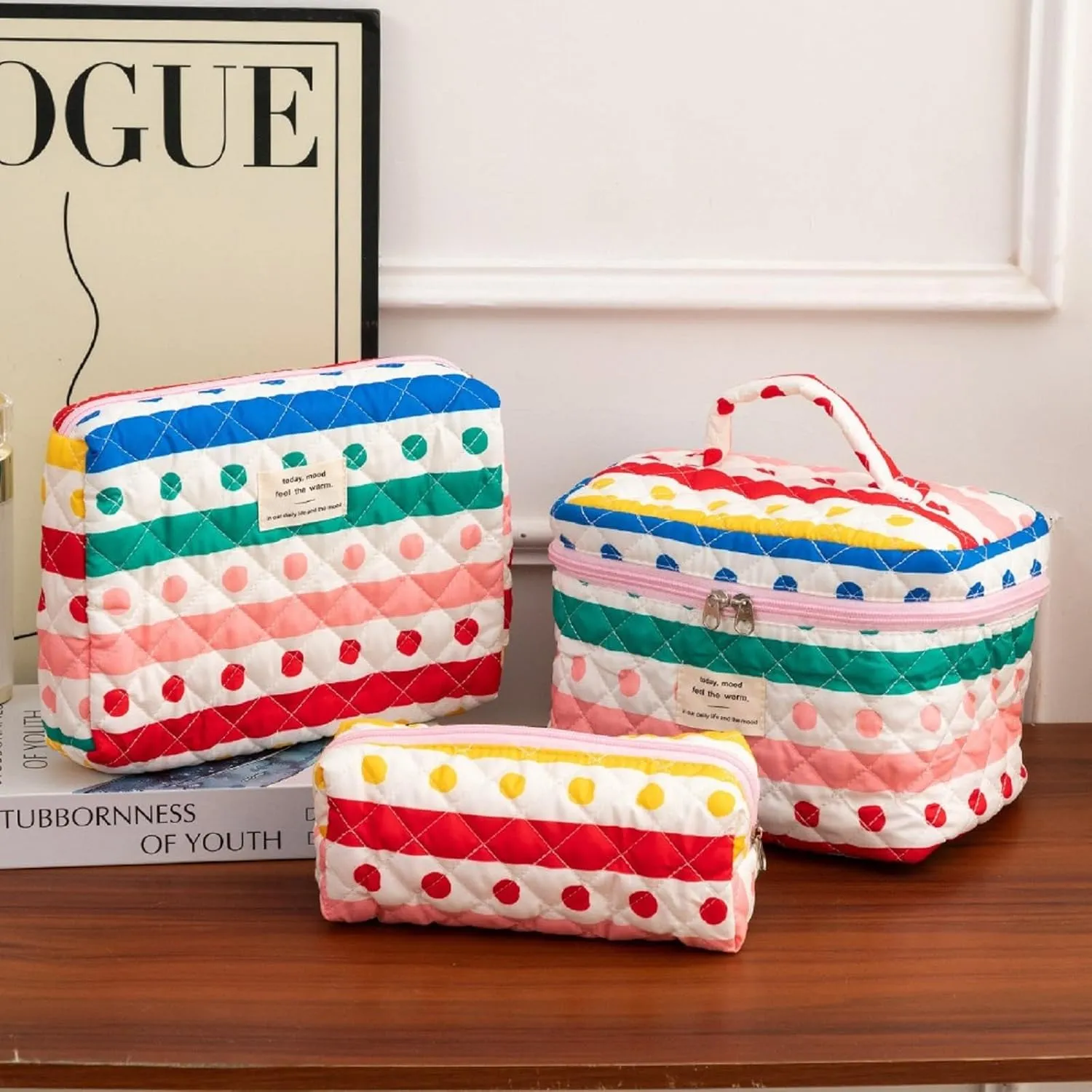 Makeup Bag Set, 3 Pcs Quilted Makeup Bag Set, Large Floral Makeup Bag Travel Cosmetic Bag, Cute Cotton Cosmetic Bag, Polka Dot Makeup Bag Travel Toiletry Bag for Women (C)