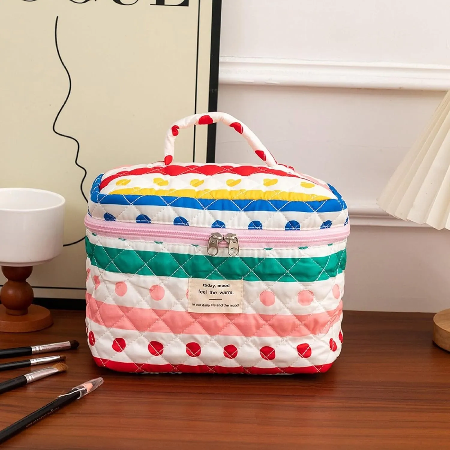 Makeup Bag Set, 3 Pcs Quilted Makeup Bag Set, Large Floral Makeup Bag Travel Cosmetic Bag, Cute Cotton Cosmetic Bag, Polka Dot Makeup Bag Travel Toiletry Bag for Women (C)
