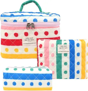 Makeup Bag Set, 3 Pcs Quilted Makeup Bag Set, Large Floral Makeup Bag Travel Cosmetic Bag, Cute Cotton Cosmetic Bag, Polka Dot Makeup Bag Travel Toiletry Bag for Women (C)