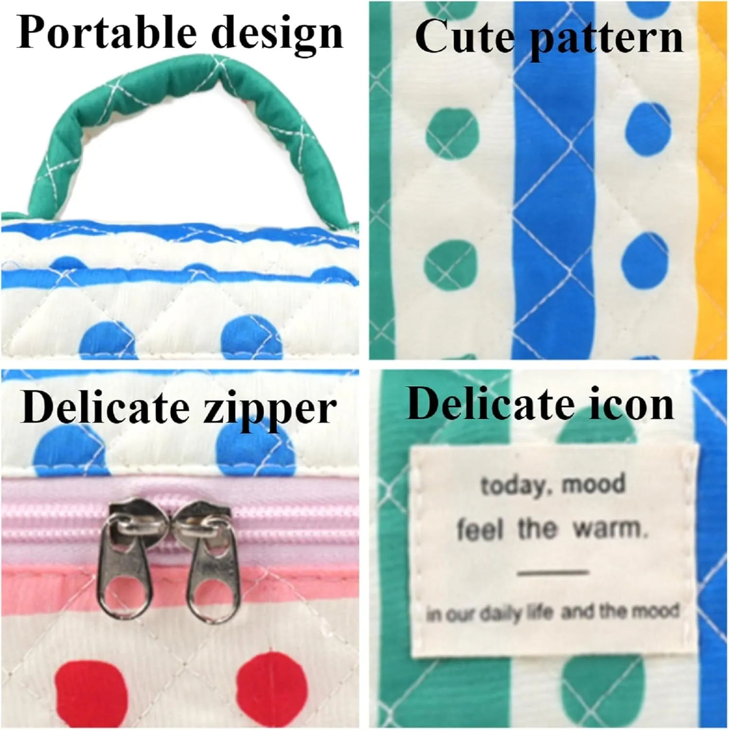 Makeup Bag Set, 3 Pcs Quilted Makeup Bag Set, Large Floral Makeup Bag Travel Cosmetic Bag, Cute Cotton Cosmetic Bag, Polka Dot Makeup Bag Travel Toiletry Bag for Women (C)