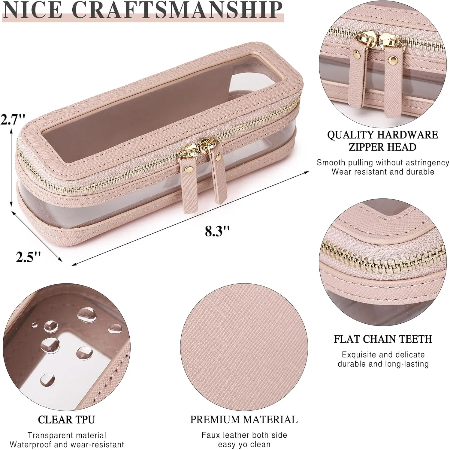 Makeup Brush Case Clear Travel Cosmetic & Toiletry Bag Slim Makeup Bag with Zipper Small Purse Organizer Car Essential Bag for Women (Pink, SLIM-1)