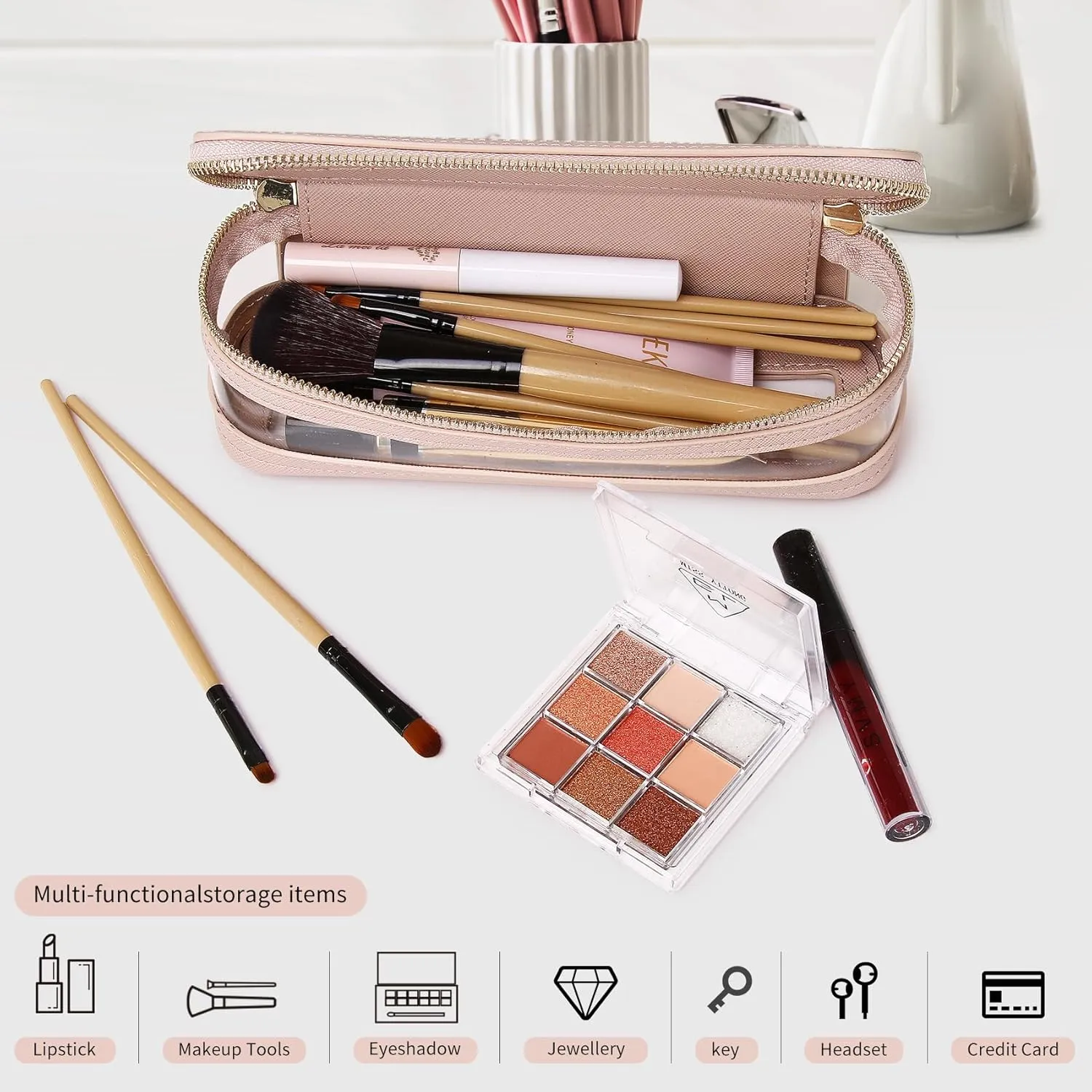 Makeup Brush Case Clear Travel Cosmetic & Toiletry Bag Slim Makeup Bag with Zipper Small Purse Organizer Car Essential Bag for Women (Pink, SLIM-1)