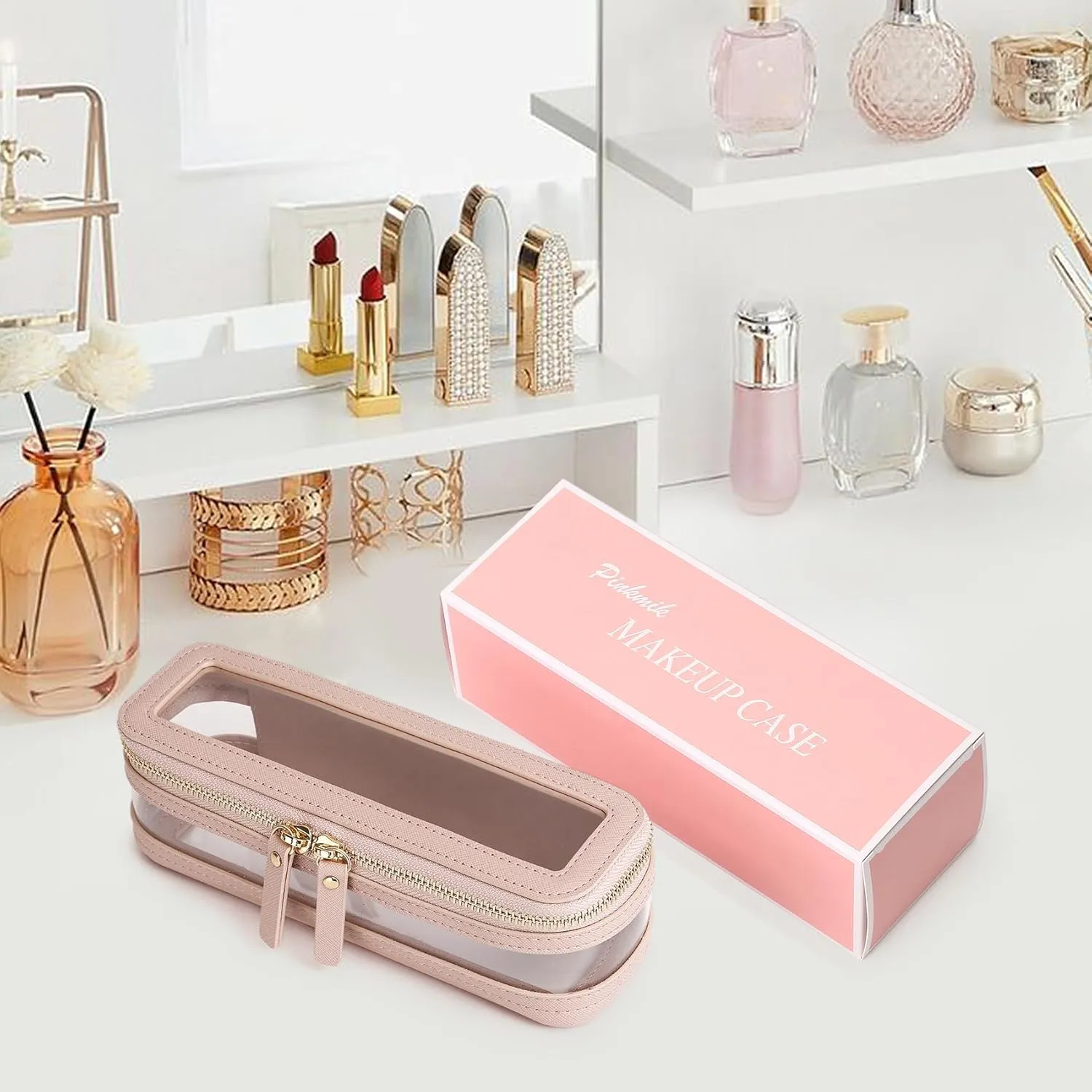 Makeup Brush Case Clear Travel Cosmetic & Toiletry Bag Slim Makeup Bag with Zipper Small Purse Organizer Car Essential Bag for Women (Pink, SLIM-1)