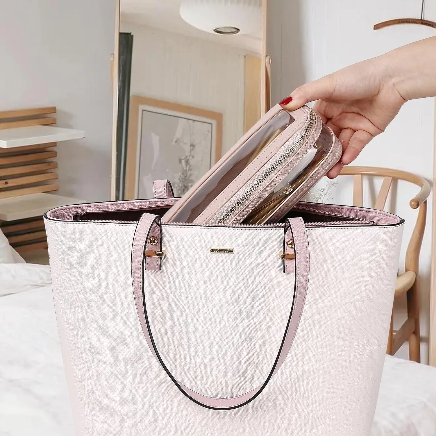 Makeup Brush Case Clear Travel Cosmetic & Toiletry Bag Slim Makeup Bag with Zipper Small Purse Organizer Car Essential Bag for Women (Pink, SLIM-1)