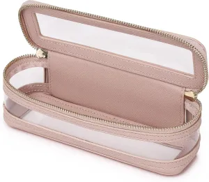 Makeup Brush Case Clear Travel Cosmetic & Toiletry Bag Slim Makeup Bag with Zipper Small Purse Organizer Car Essential Bag for Women (Pink, SLIM-1)