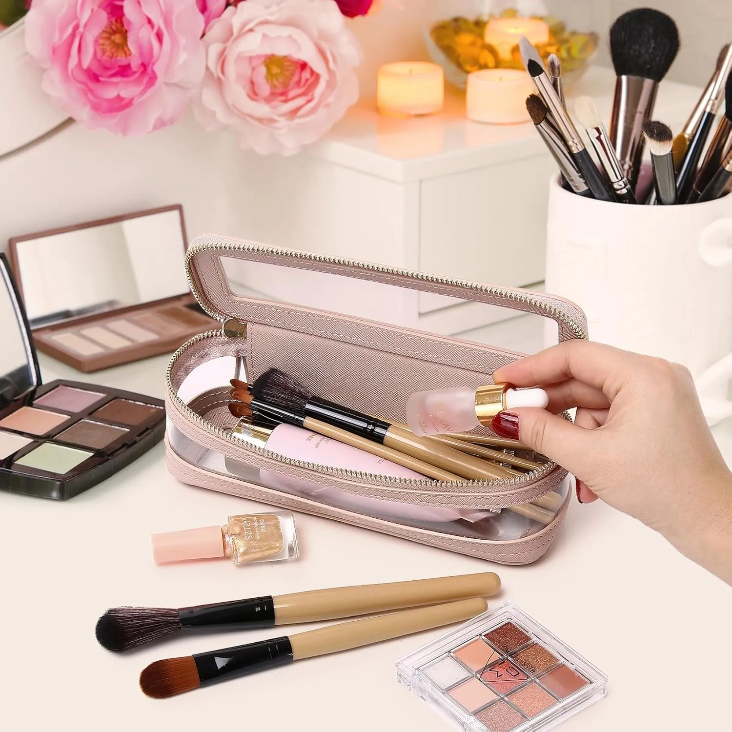 Makeup Brush Case Clear Travel Cosmetic & Toiletry Bag Slim Makeup Bag with Zipper Small Purse Organizer Car Essential Bag for Women (Pink, SLIM-1)