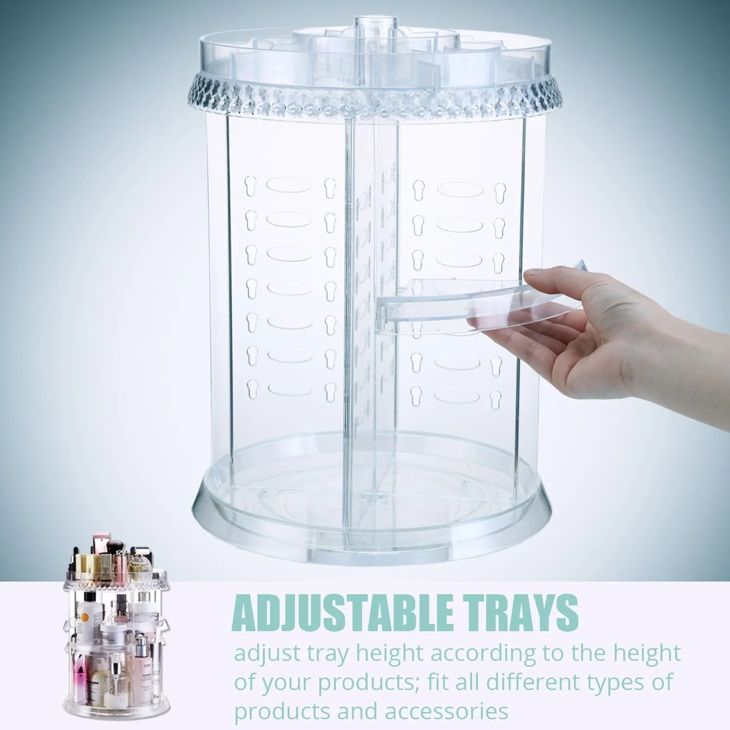 Makeup Organizer Acrylic Cosmetic Organizer ─ Vanity and Rotating Makeup Storage, Perfume Organizer with Large Capacity Fit Cosmetics, Perfume, Brush and More for Countertop, Bathroom and Bedroom.