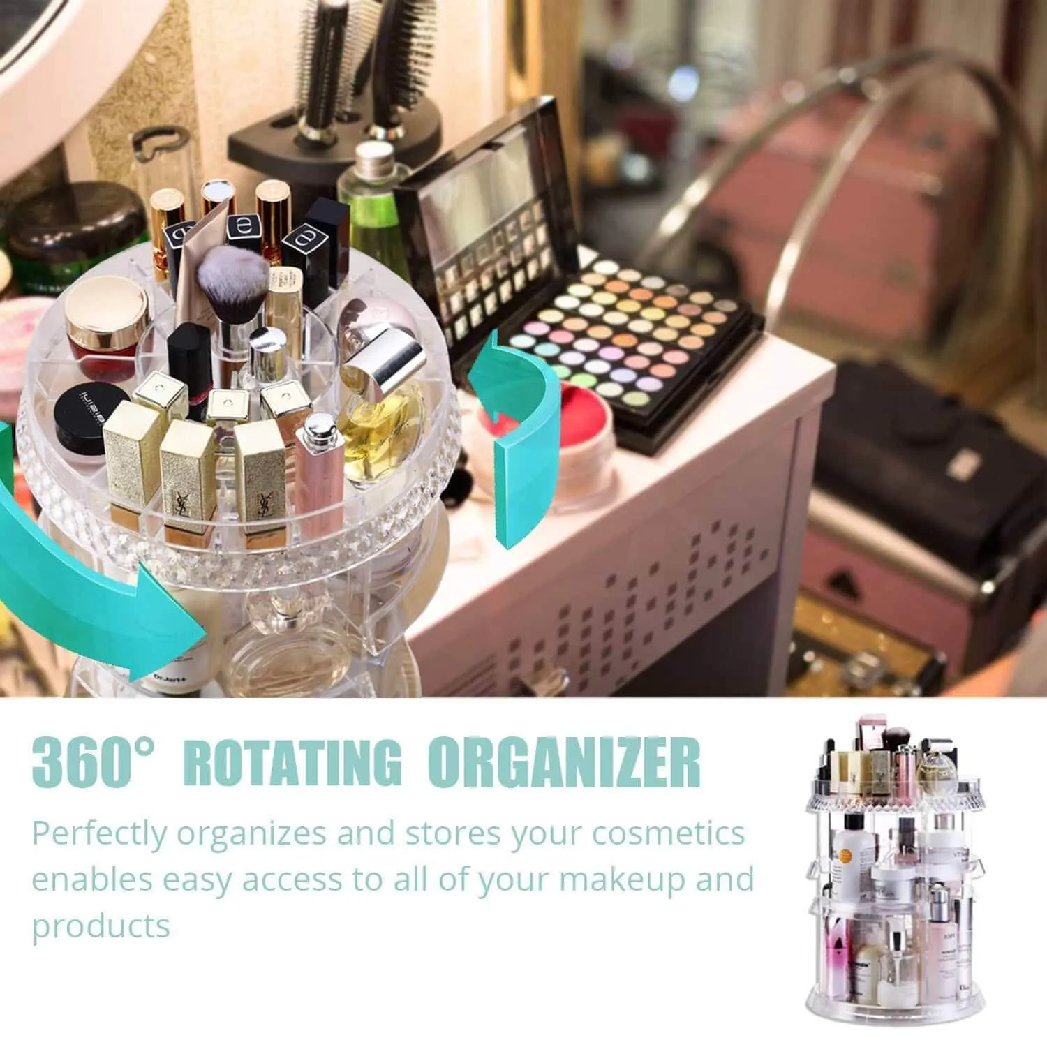 Makeup Organizer Acrylic Cosmetic Organizer ─ Vanity and Rotating Makeup Storage, Perfume Organizer with Large Capacity Fit Cosmetics, Perfume, Brush and More for Countertop, Bathroom and Bedroom.
