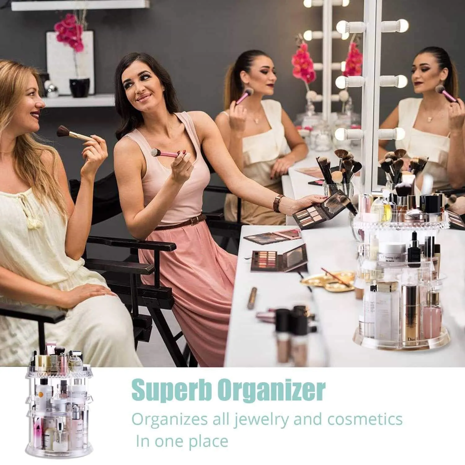 Makeup Organizer Acrylic Cosmetic Organizer ─ Vanity and Rotating Makeup Storage, Perfume Organizer with Large Capacity Fit Cosmetics, Perfume, Brush and More for Countertop, Bathroom and Bedroom.