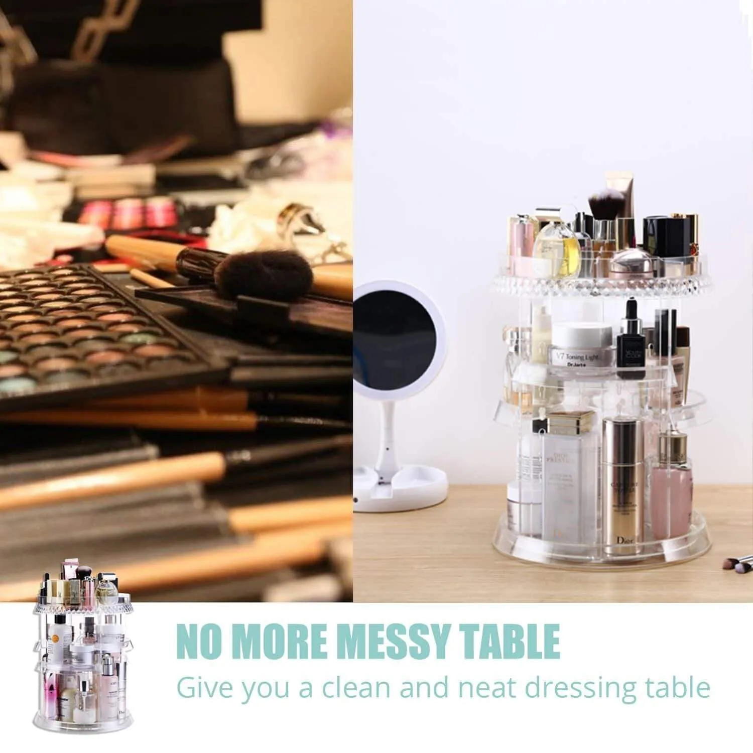 Makeup Organizer Acrylic Cosmetic Organizer ─ Vanity and Rotating Makeup Storage, Perfume Organizer with Large Capacity Fit Cosmetics, Perfume, Brush and More for Countertop, Bathroom and Bedroom.