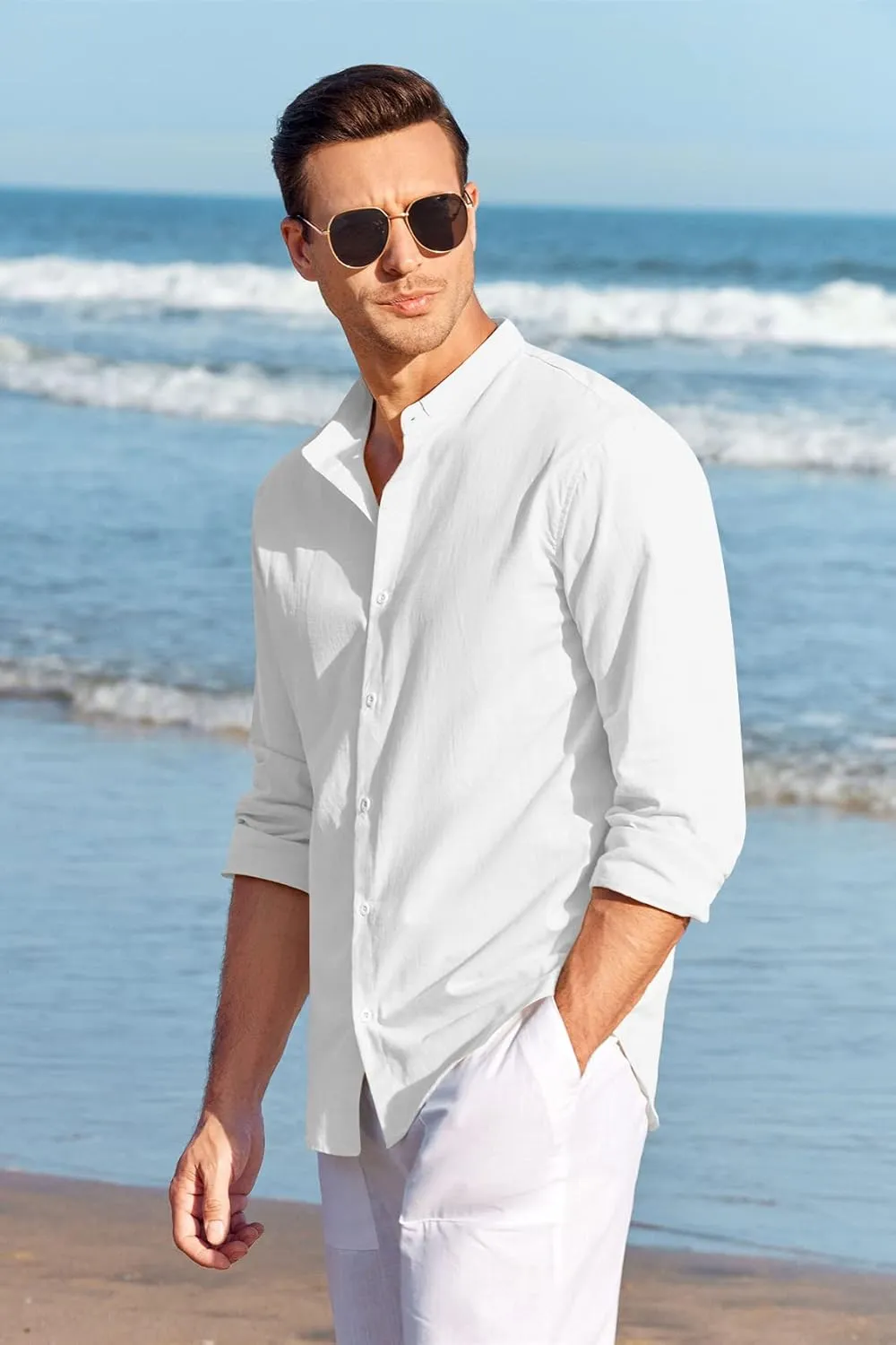 Makkrom Men Linen Shirt Button Down Long Sleeve Cotton Beach Band Collar Casual Summer Shirts