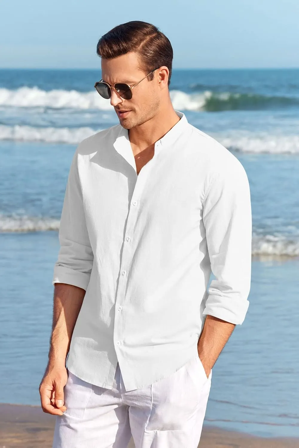 Makkrom Men Linen Shirt Button Down Long Sleeve Cotton Beach Band Collar Casual Summer Shirts