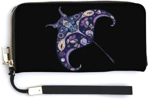 Manta Ray Paisley Women's Long Wallet for Men Stylish Slim Credit Card Case Holder Wrist Strap Purse