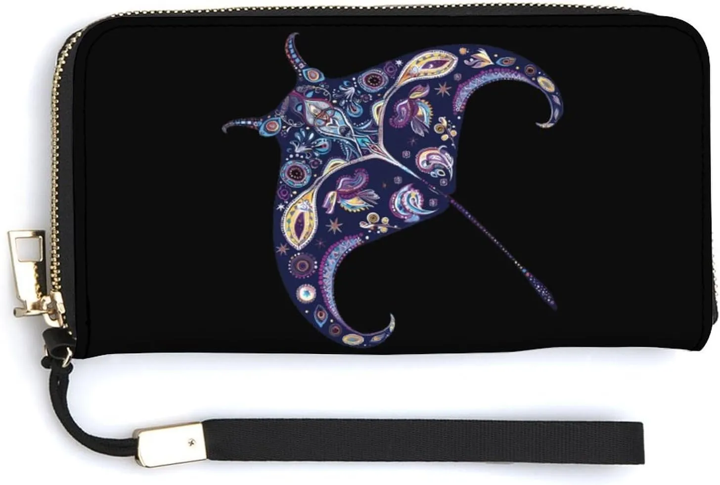 Manta Ray Paisley Women's Long Wallet for Men Stylish Slim Credit Card Case Holder Wrist Strap Purse