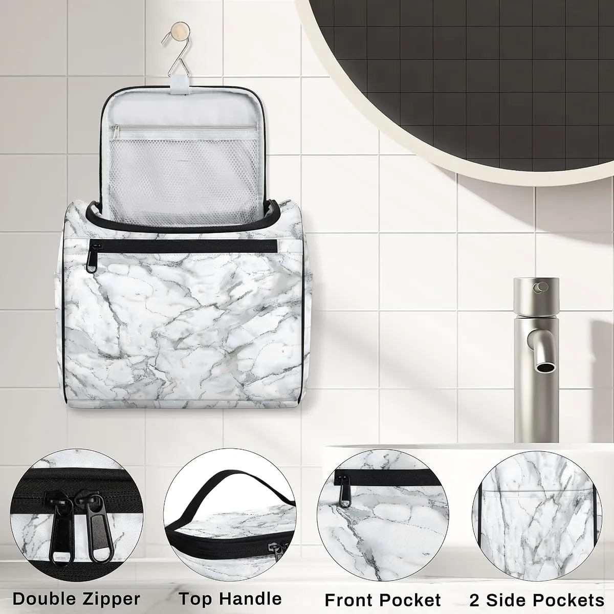Marble Grey White Travel Toiletry Bag for Men and Women, Large Hanging Makeup Bag Organizer Toiletries Bag for Travel, Cosmetic Bag with Handle