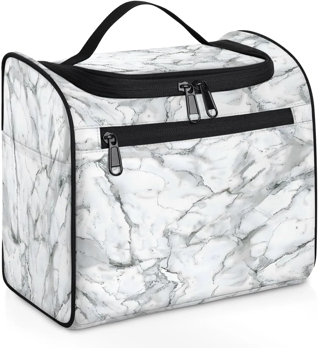 Marble Grey White Travel Toiletry Bag for Men and Women, Large Hanging Makeup Bag Organizer Toiletries Bag for Travel, Cosmetic Bag with Handle
