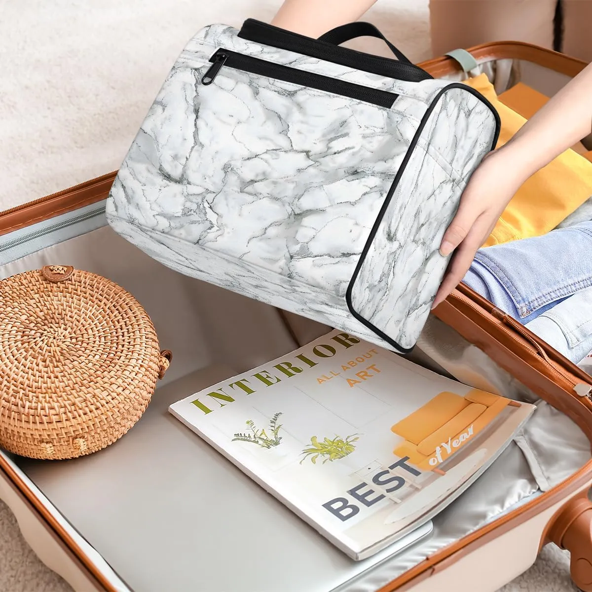 Marble Grey White Travel Toiletry Bag for Men and Women, Large Hanging Makeup Bag Organizer Toiletries Bag for Travel, Cosmetic Bag with Handle