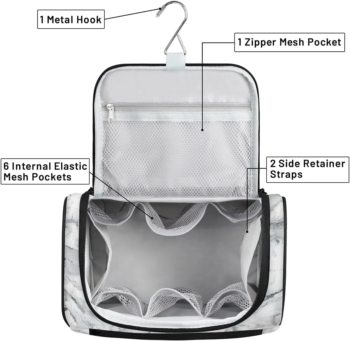 Marble Grey White Travel Toiletry Bag for Men and Women, Large Hanging Makeup Bag Organizer Toiletries Bag for Travel, Cosmetic Bag with Handle