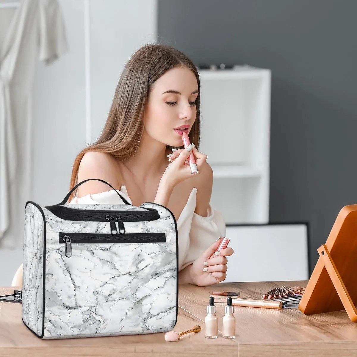 Marble Grey White Travel Toiletry Bag for Men and Women, Large Hanging Makeup Bag Organizer Toiletries Bag for Travel, Cosmetic Bag with Handle