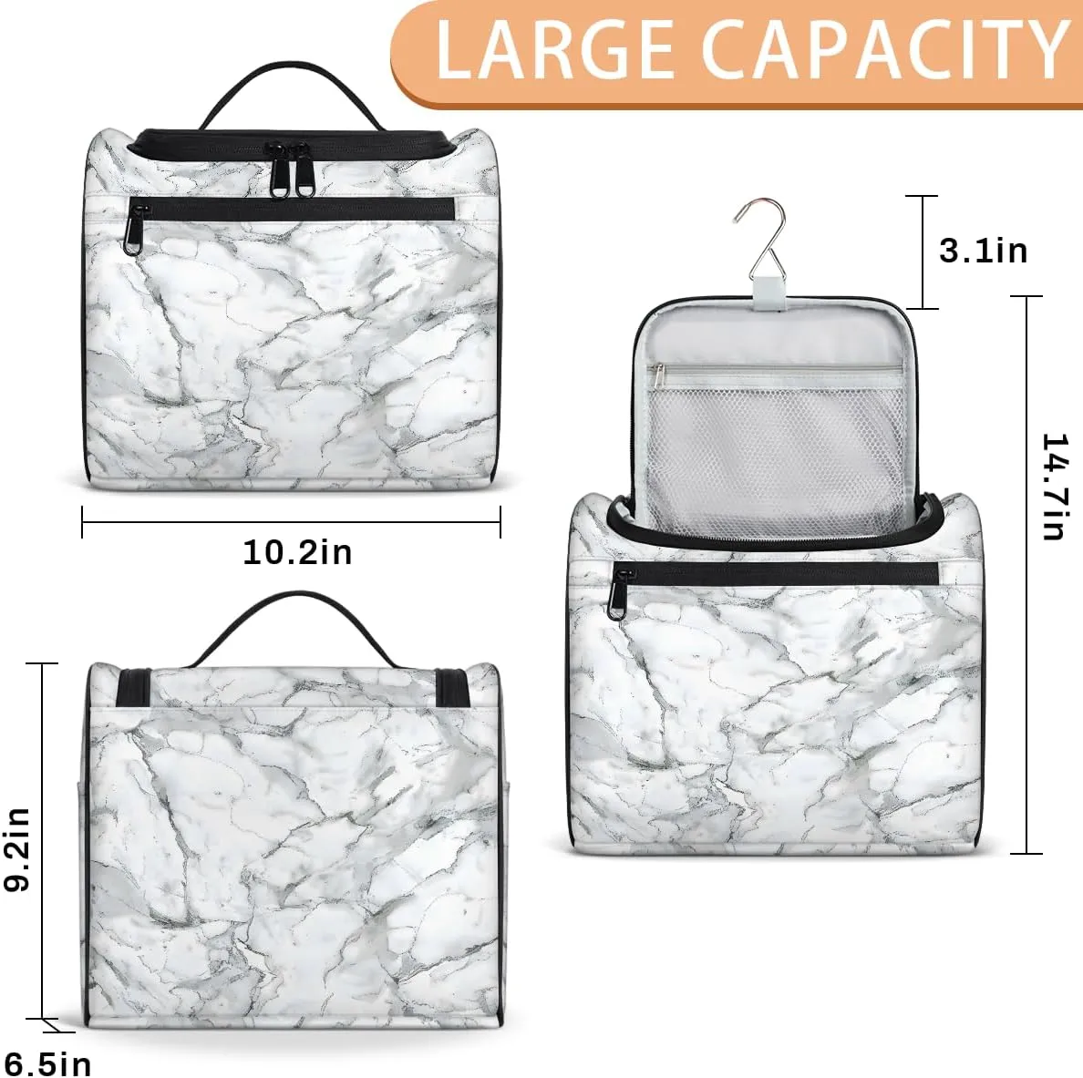Marble Grey White Travel Toiletry Bag for Men and Women, Large Hanging Makeup Bag Organizer Toiletries Bag for Travel, Cosmetic Bag with Handle