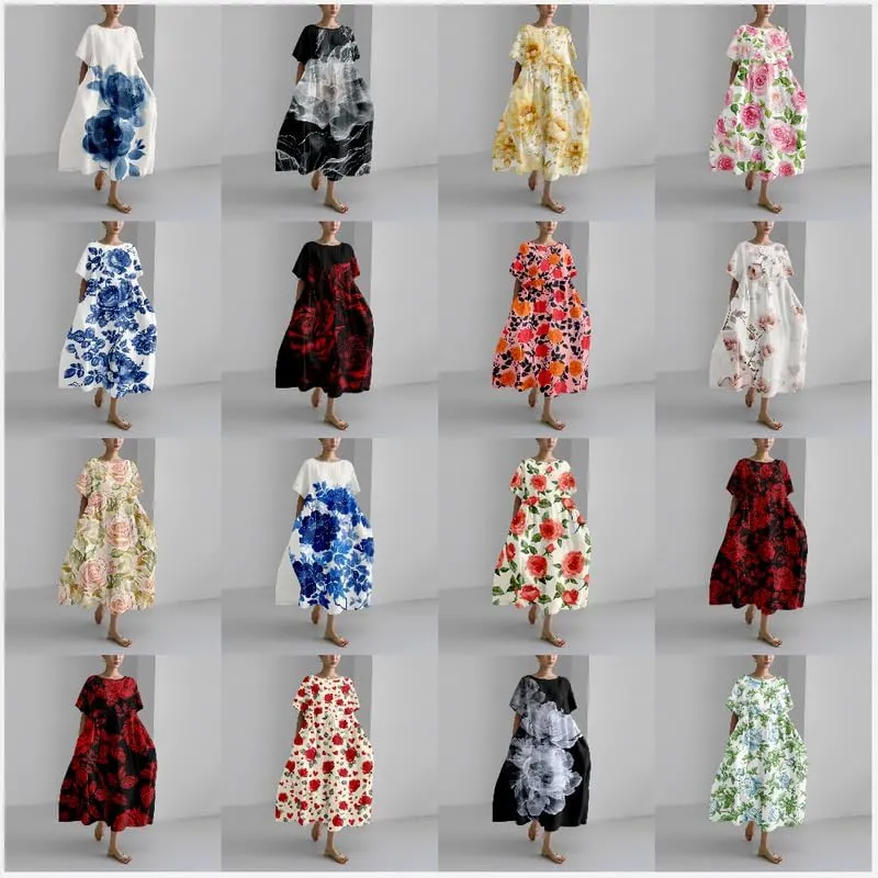 MARSVOVO Boho Maxi Dress for Women 2024 Summer Retro Rose Print Oversized Short Sleeve Western Art Painting Style Dress