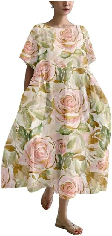 MARSVOVO Boho Maxi Dress for Women 2024 Summer Retro Rose Print Oversized Short Sleeve Western Art Painting Style Dress