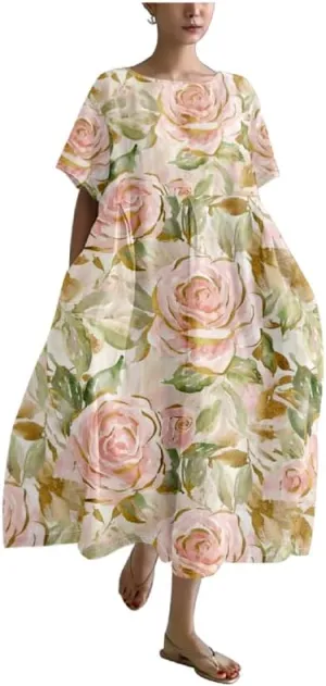 MARSVOVO Boho Maxi Dress for Women 2024 Summer Retro Rose Print Oversized Short Sleeve Western Art Painting Style Dress