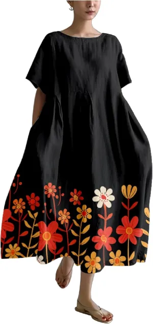 MARSVOVO Japanese Art Dress for Women 2024 Plus Size Vintage Floral Boho Style Loose Fit Linen Blend Flower Dresses