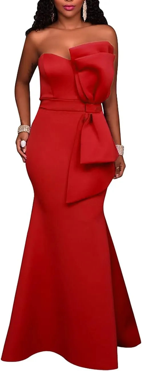MAYFASEY Women's Sexy Off The Shoulder Oversized Bow Applique Evening Gown Party Long Maxi Dress