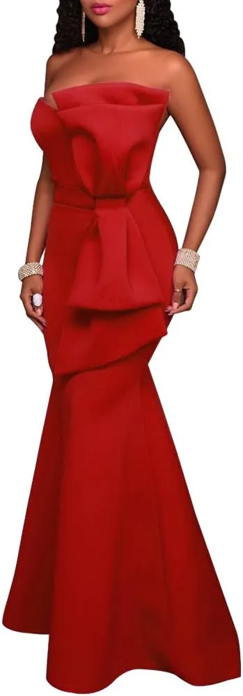 MAYFASEY Women's Sexy Off The Shoulder Oversized Bow Applique Evening Gown Party Long Maxi Dress