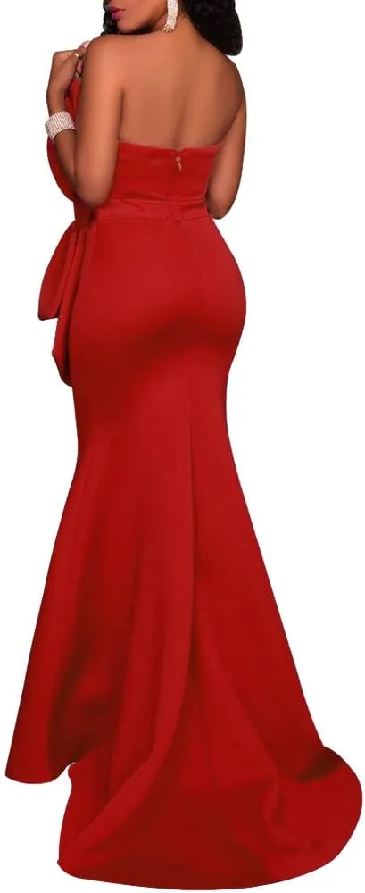 MAYFASEY Women's Sexy Off The Shoulder Oversized Bow Applique Evening Gown Party Long Maxi Dress