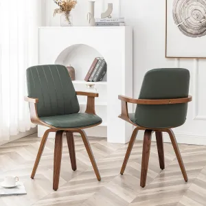 MCM Dining Chairs, Set of 2 Faux Leather Dining Chairs with Walnut Craftsmanship, Upholstered Faux Leather, Wooden Arms and Legs, Green Leather Dining Chair for Kitchen/Living Room (Green, Swivel)