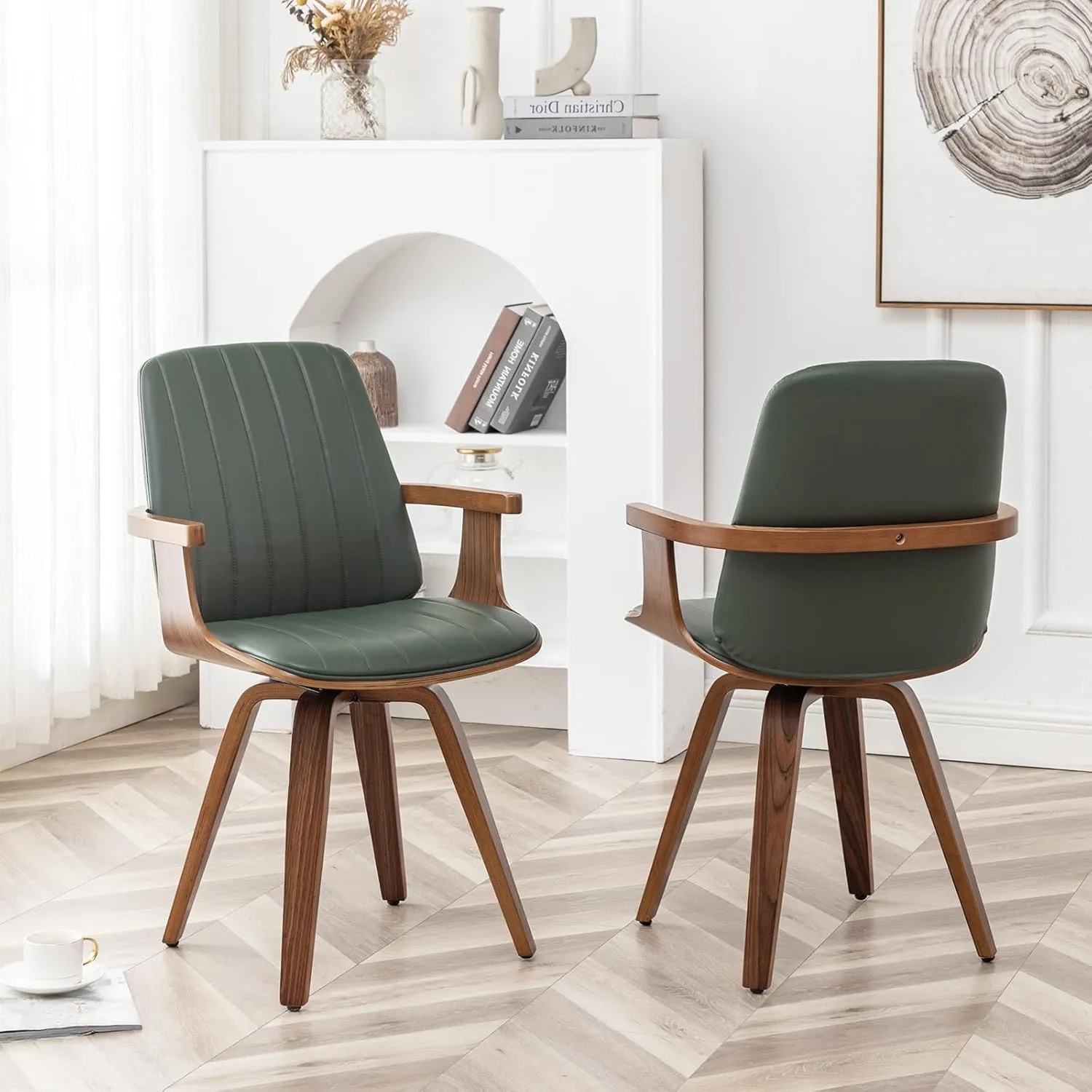 MCM Dining Chairs, Set of 2 Faux Leather Dining Chairs with Walnut Craftsmanship, Upholstered Faux Leather, Wooden Arms and Legs, Green Leather Dining Chair for Kitchen/Living Room (Green, Swivel)