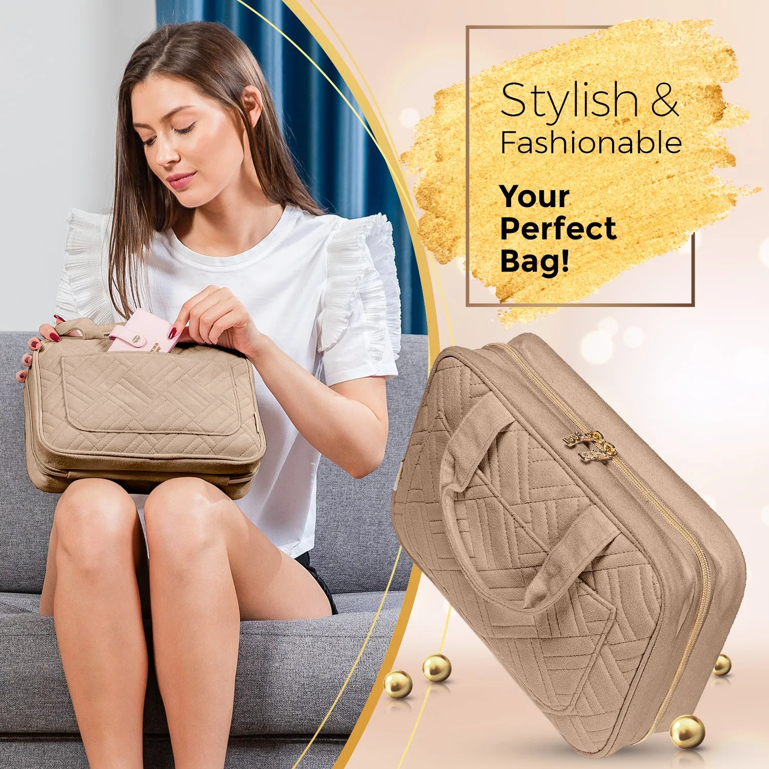 Medium Foldable Hanging Toiletry Bag - Camel Brown